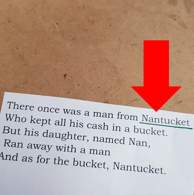 A printed limerick about a man from Nantucket, with the word 'Nantucket' underlined and a red arrow pointing to it