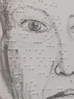 A pencil portrait with rows of raised braille dots pressed into the paper across the face