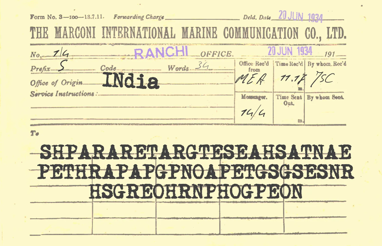 A 1934 Marconi International Marine Communication Company telegram from the Ranchi office, its message printed as unbroken blocks of capital letters