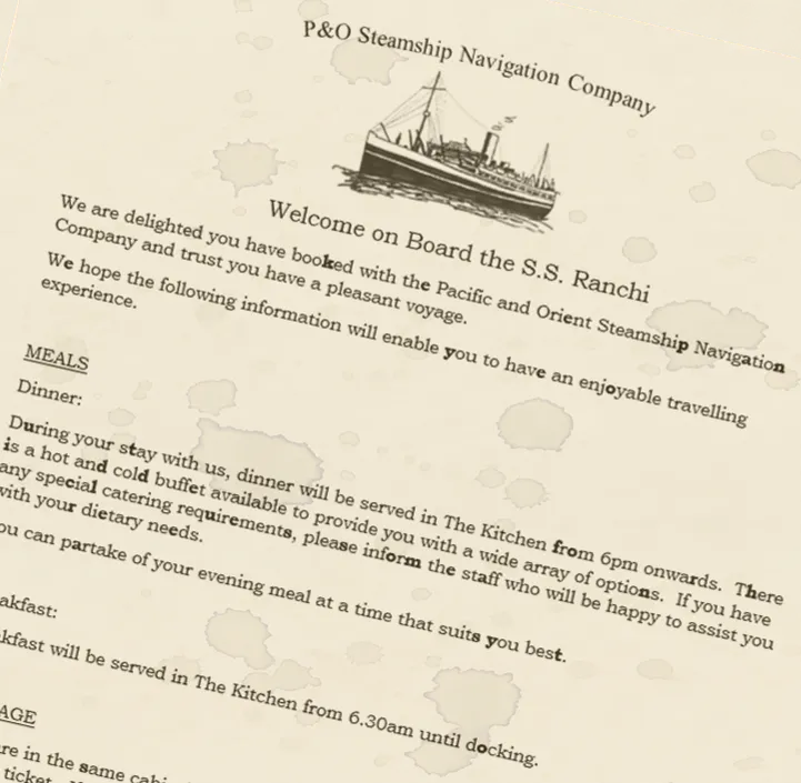 A P&O Steamship Navigation Company letter welcoming a passenger aboard the S.S. Ranchi, with certain letters in the text printed in bold