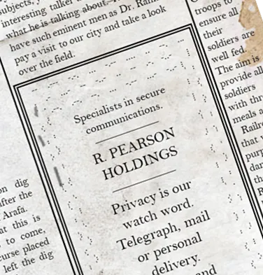 A newspaper advertisement for R. Pearson Holdings — 'Privacy is our watch word. Telegraph, mail or personal delivery.'