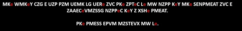 The cipher with M, K and F replaced by T, H and E, revealing the word THE in red