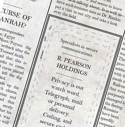 A newspaper column advertising R. Pearson Holdings, 'specialists in secure communications', with faint marks above some letters