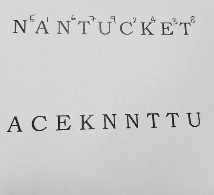 The code word NANTUCKET with each letter numbered in alphabetical order, and the same letters rearranged below to read ACEKNNTTU