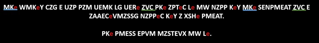 The cipher text with the repeated word MKF and the letter pattern ZVC marked up