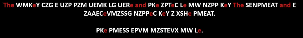 More letters solved — the words 'The', 'and' and 'her' now readable in red among the remaining cipher letters
