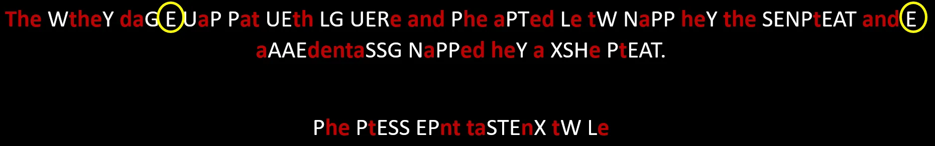 The part-solved cipher with an E circled in yellow at the end of two words