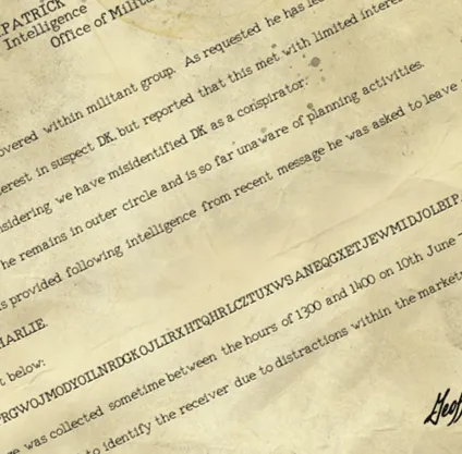 A typed intelligence dispatch on aged paper, ending in a block of encrypted letters