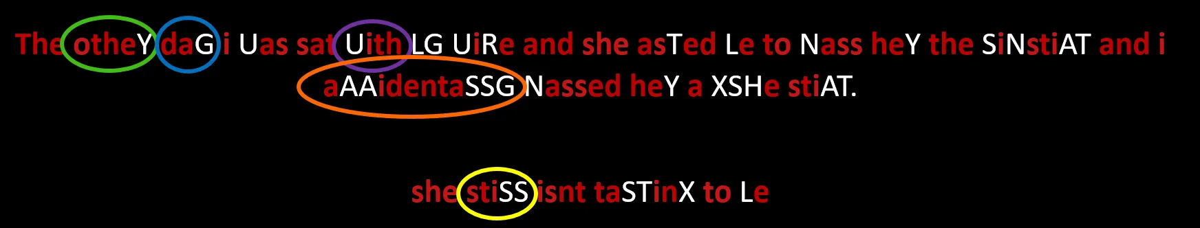 The remaining unsolved words circled in green, blue and orange for guessing