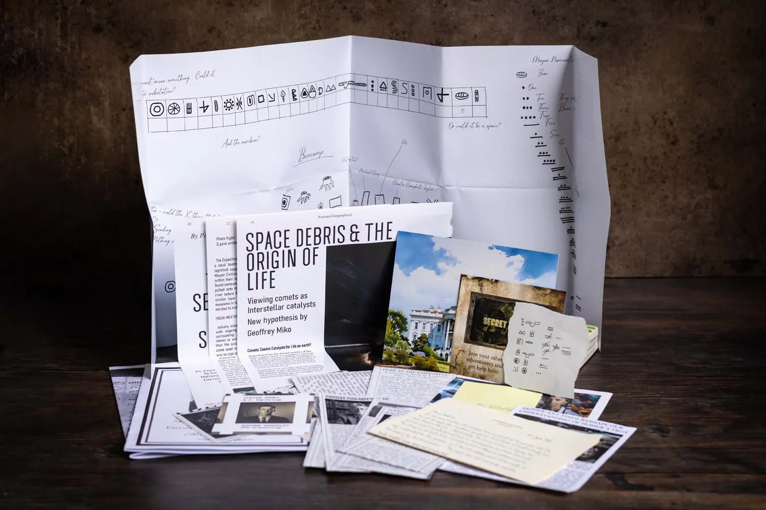 The unfolded Mayan numeral key spread out behind the case papers