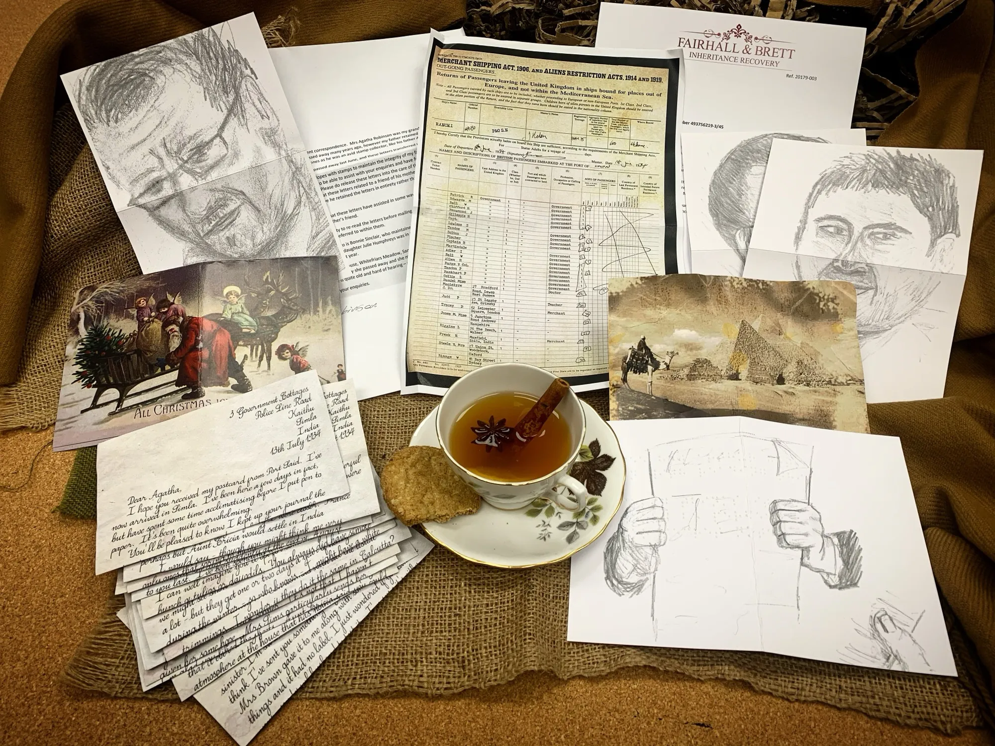 Pencil portraits of the suspects, a passenger shipping list, a watercolour of the pyramids and a fan of handwritten letters from the case