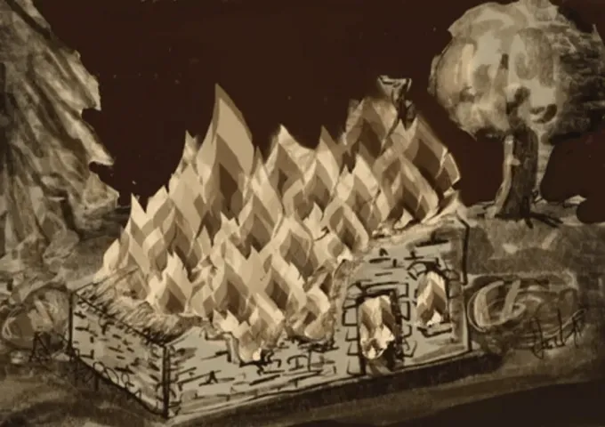 Sepia illustration of Brother Osric's stone house at night, engulfed in flame, with smoke rising through the trees behind