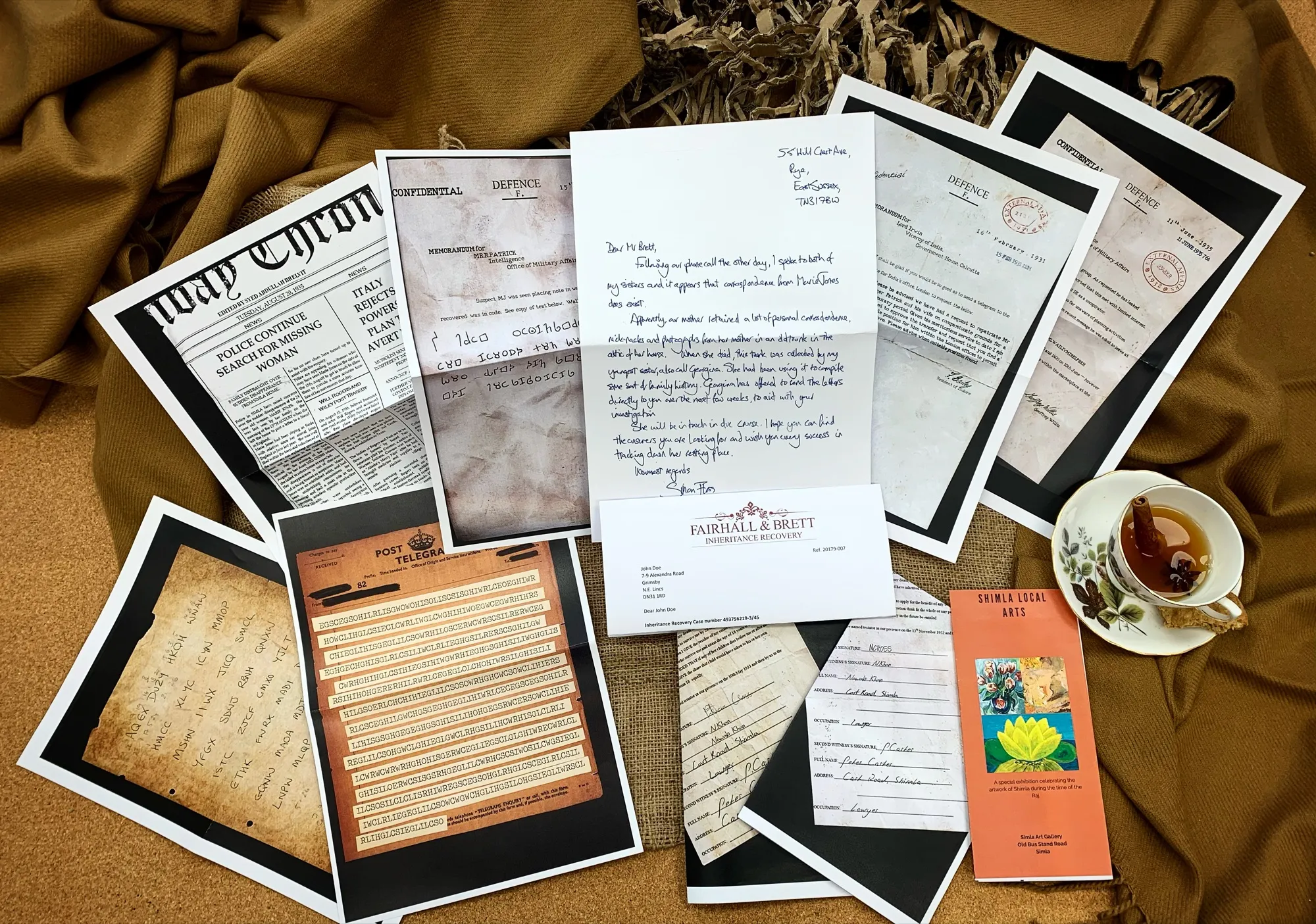 Confidential defence papers, a coded Post Office telegram, a Shimla Local Arts leaflet and bundles of handwritten correspondence