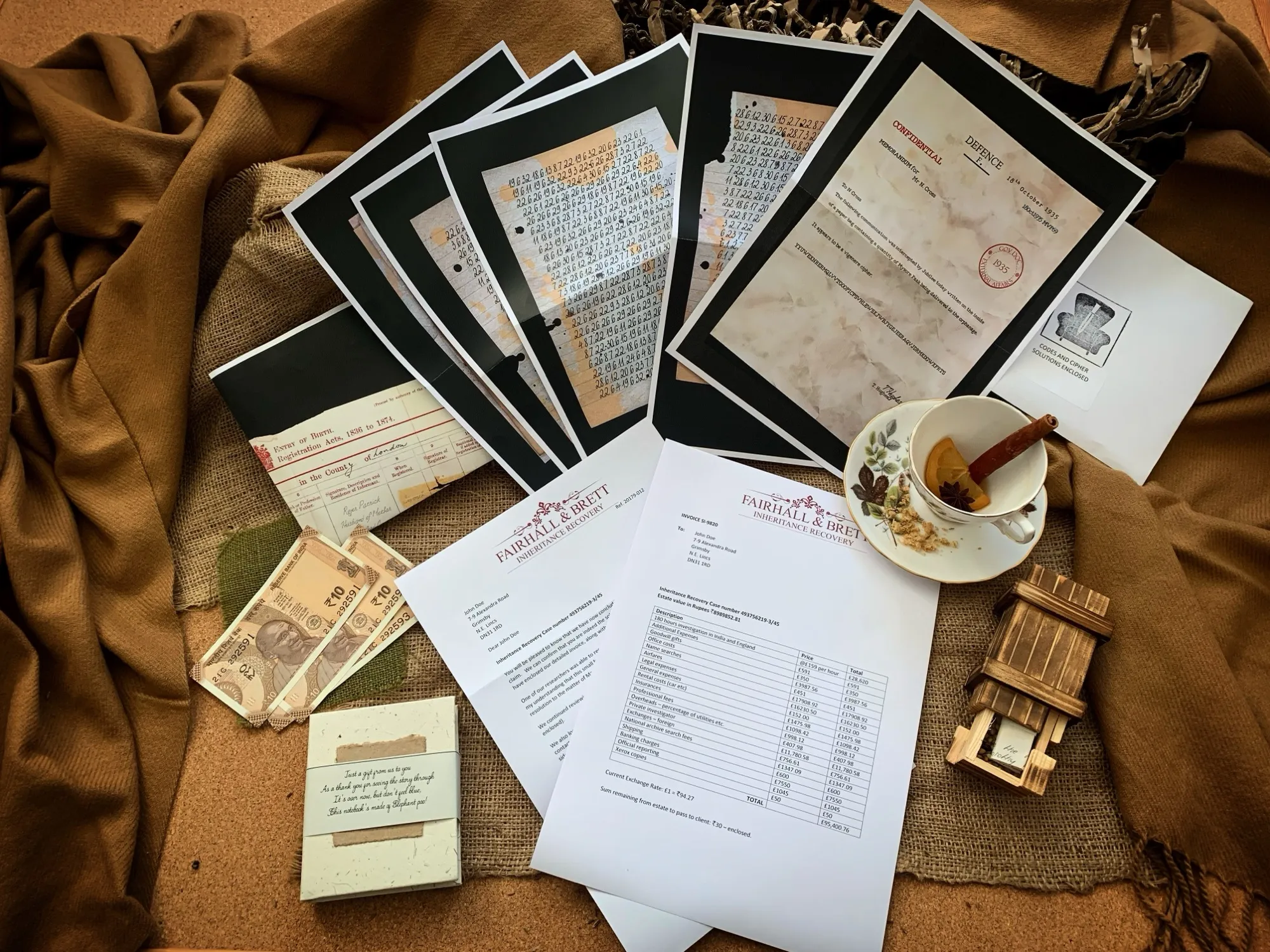 Coded cipher pages, Indian rupee notes, the Fairhall & Brett letter and the small wooden puzzle box that is your inheritance
