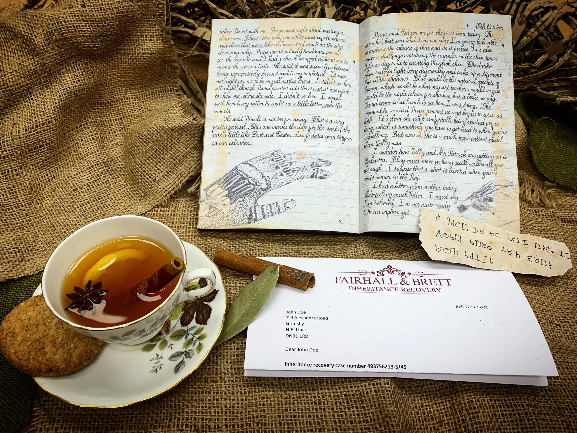 An open handwritten diary and a coded note beside the Fairhall & Brett inheritance-recovery letter and a cup of spiced tea