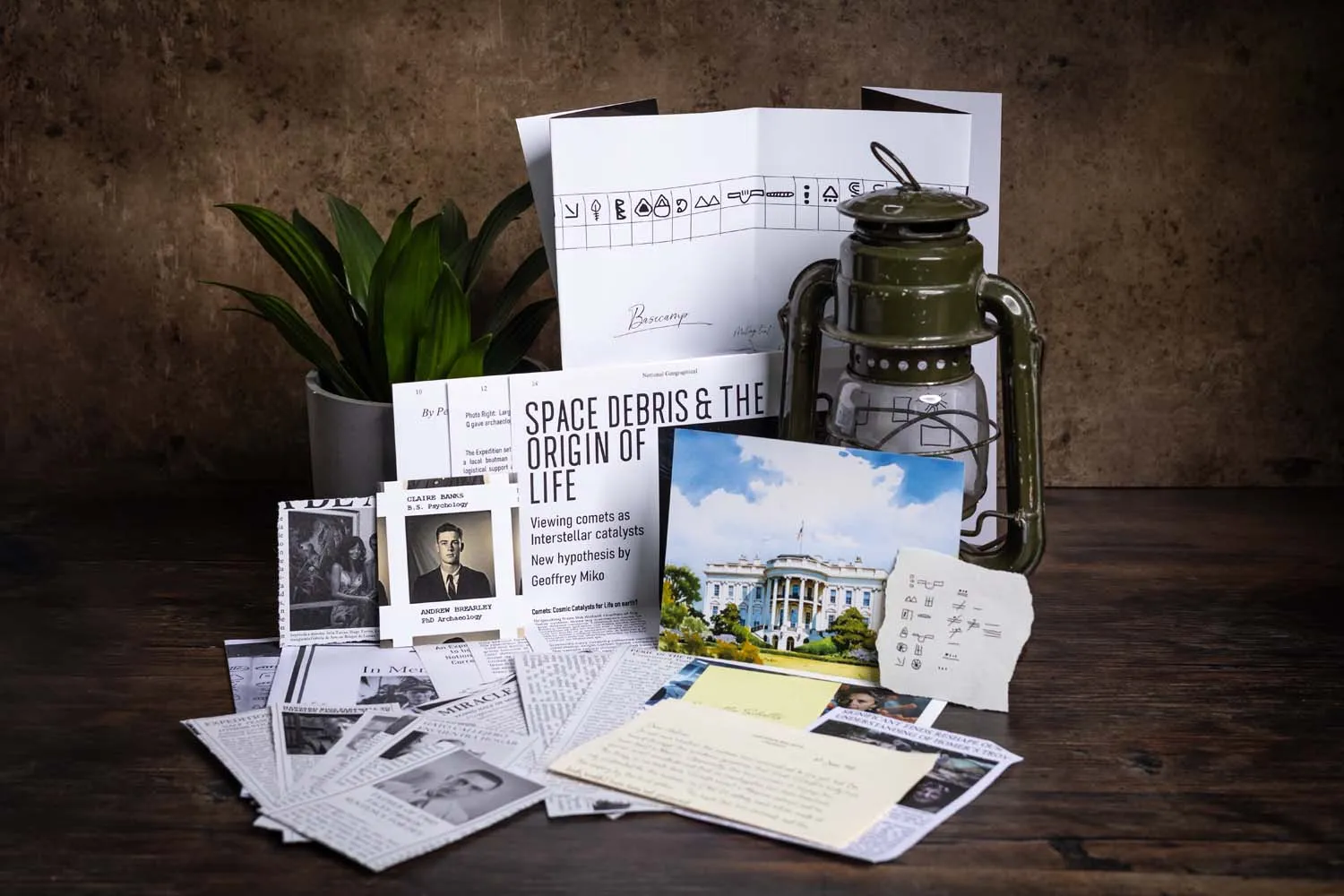 A Cosykiller case file — Fairhall & Brett letter, hurricane lamp, hieroglyph fragments, portrait cards