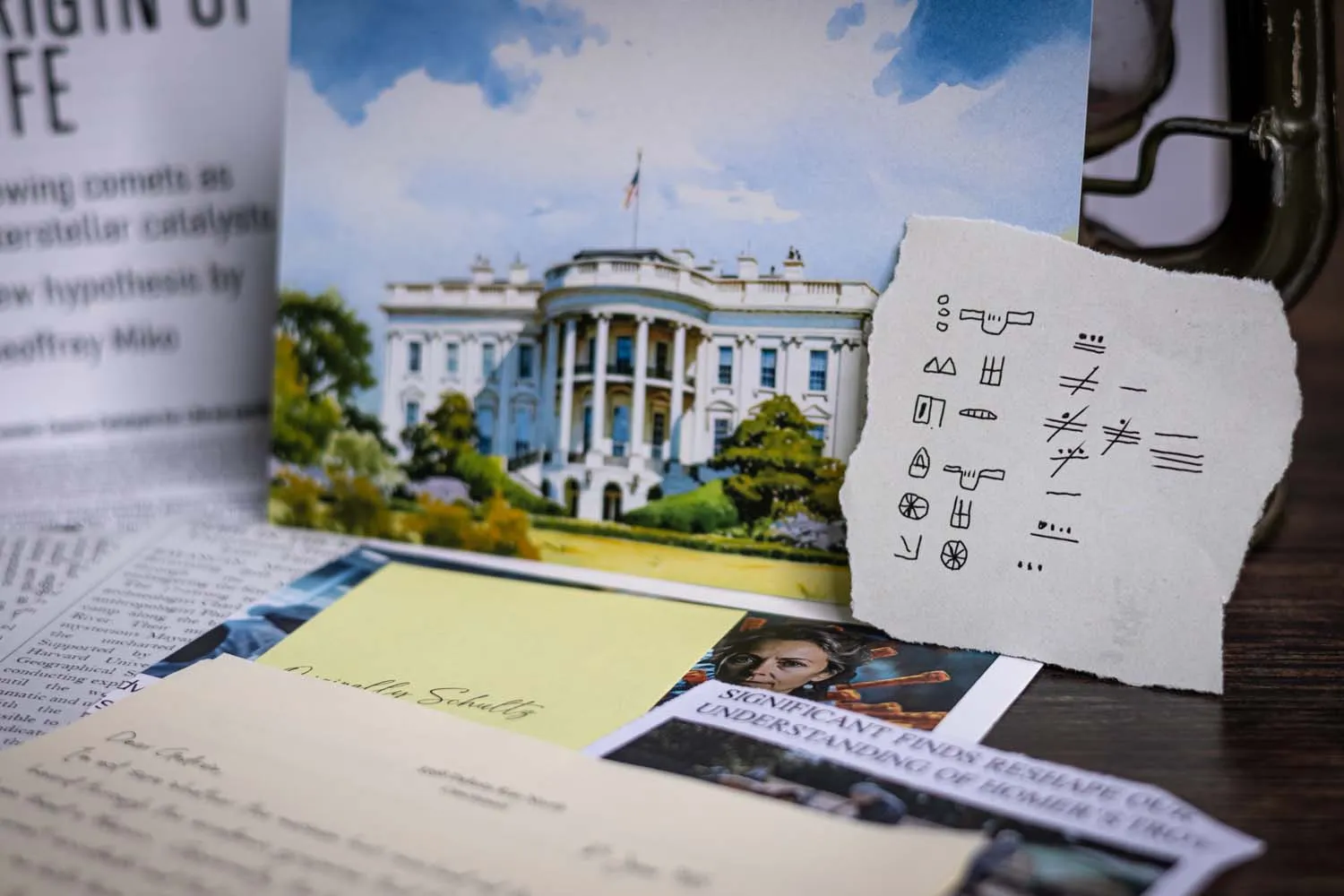 Expedition portraits, hieroglyph fragments and scattered newspaper clippings