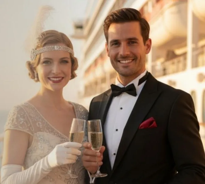 A couple in 1920s dress raising champagne glasses on the deck of a cruise ship at golden hour