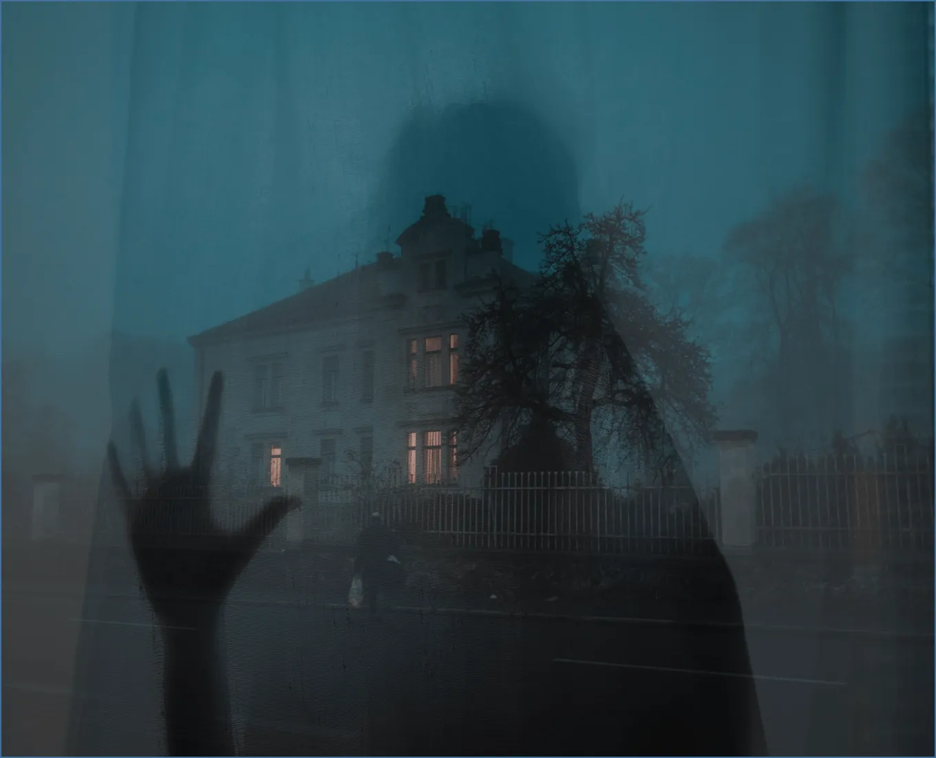 Marlborough House seen through a rain-streaked window at dusk, a silhouetted hand pressed to the glass